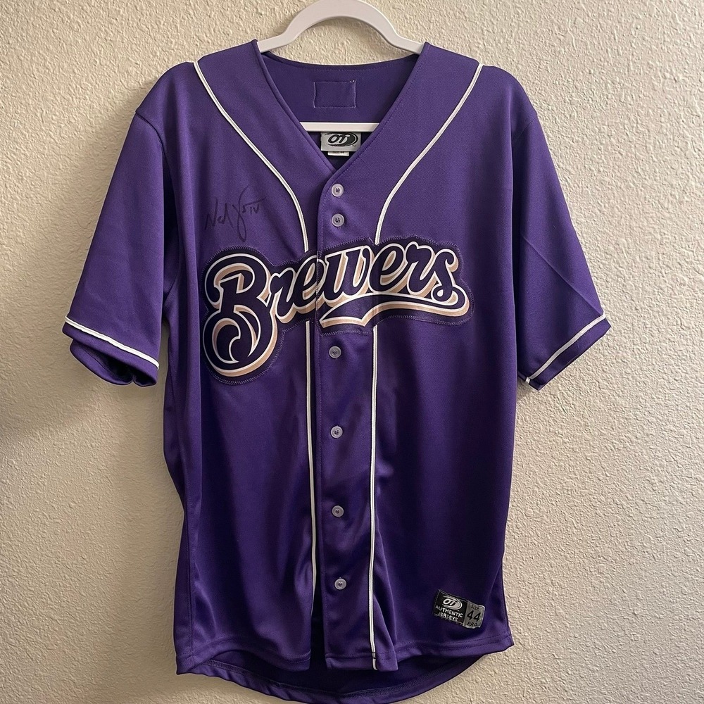 Milwaukee Brewers Purple Jersey Size 44 OT Sports Signed Relay For Life Patch